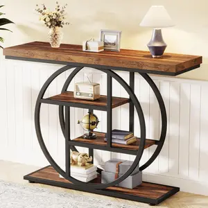 LITTLE TREE 41.3" Industrial Console Table: 4-tier Entryway Table with Circle Base, Narrow Accent Tables with Storage Shelves, Rustic Brown