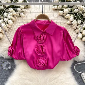 Satin Flower Puff Sleeve Blouse