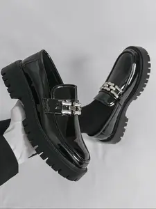 Men's Loafers Thick Sole PU Metal Decoration Business Casual Shoes, Comfortable and Stylish Men's Footwear for Daily Wear Business Style Loafers PU Leather Loafers