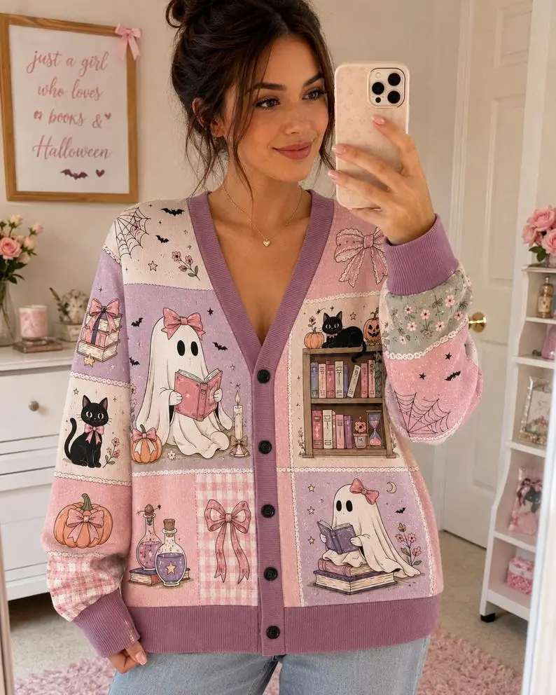 Patchwork Ghost Reading Book Cardigan Sweater: Halloween Black Cat Plaid Knitwear