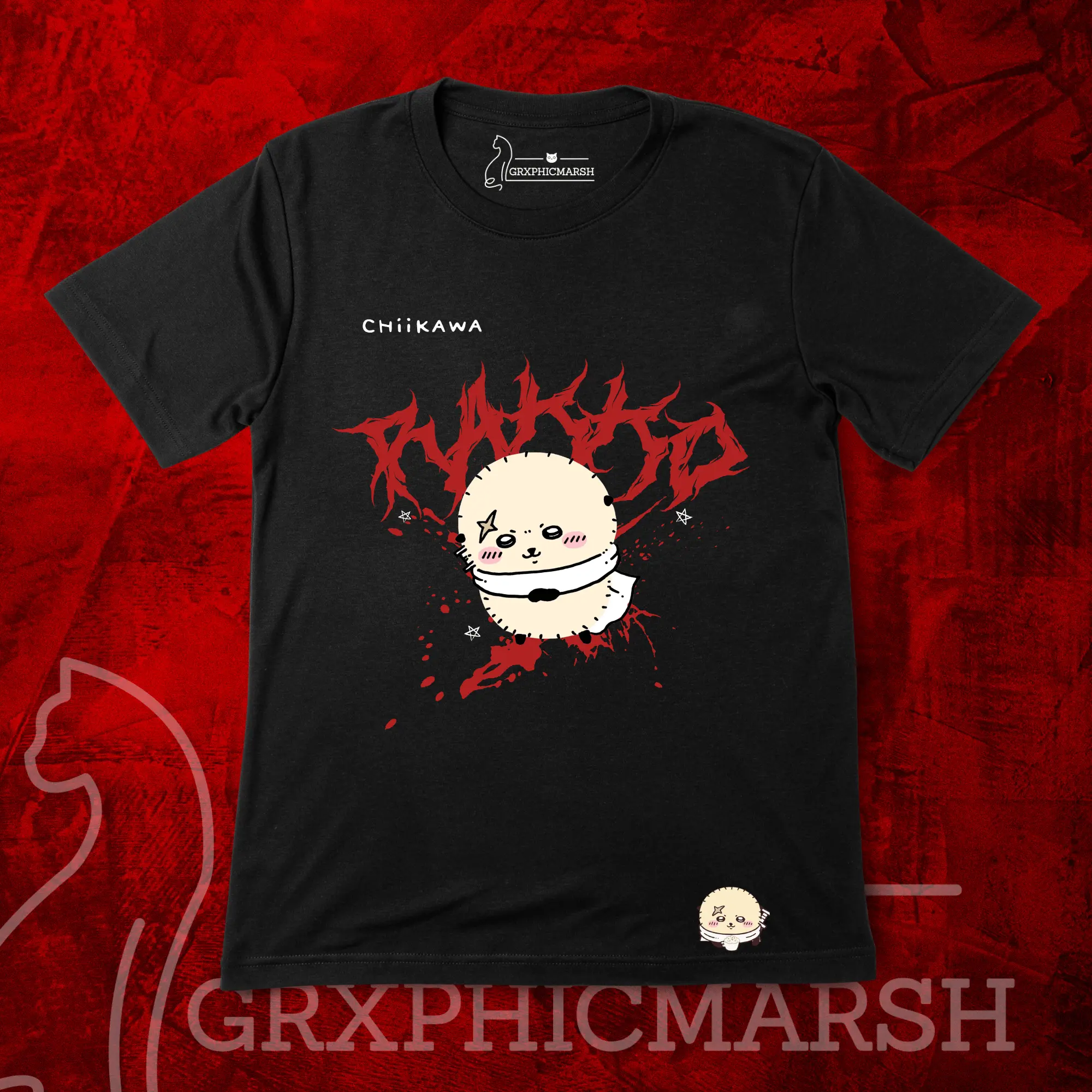 RAKKO Grunge Chiikawa Anime Graphic Tee Metal