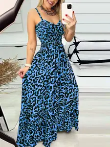 Women's Leopard Print V-Neck High-Waisted Dress, Summer Fashion Chic Long Sleeveless Party Dresses, Elegant Women's Clothing, Womenswear