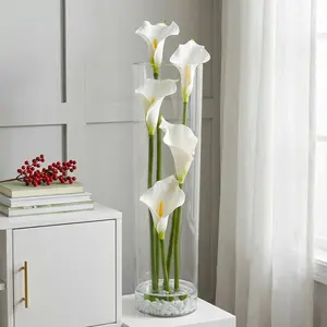 Set of 2 Elegant Real Touch Artificial Calla Flora Arrangement in Glass Vase, Fake Flowers in Glass Vase with Faux Water, 20 in Real Touch Artificial Floral Arrangements for Wedding Office Home Decor