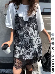 1 Piece Women's Lace Patchwork Slip Dress, Crew Neck Short Sleeve, Loose Fit Summer for Casual Daily Wear