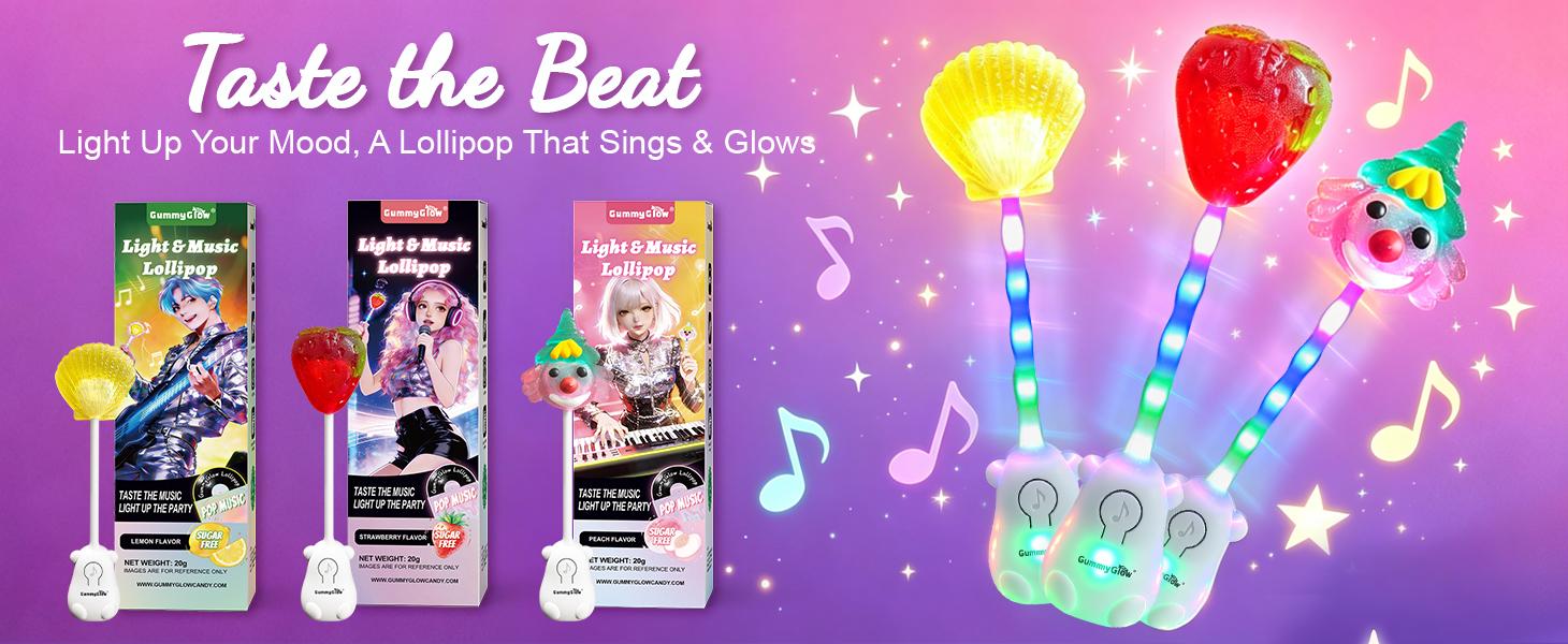 Colorful Light Music Lollipop | Music + Light Dual Modes | Bone Conduction Technology | Halal Certified | Sugar Free | Strawberry / Peach / Lemon 3 Fruit Flavors | Strawberry / Clown / Shell 3 Shapes | Glowing Lollipop #SummerVibes