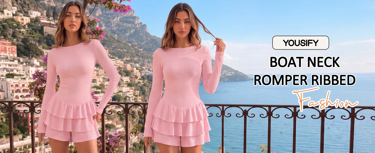 YOUSIFY Ladies Boat Neck Long Sleeve Skort Romper Ribbed Knit Tiered Ruffle Hem Bodycon One Piece Shorts Jumpsuit