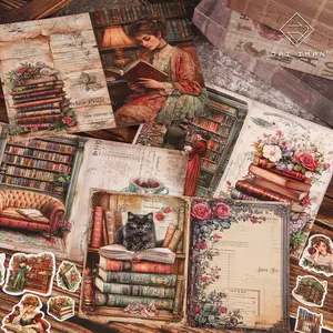 JAIIMAN 62pieces (12 A5 papers and 50stickers) Vintage Library Junk Journal Pages with Cat, Old Book, Flower, for Scrapbooking Ephemera, Scrapbooking Supplies, Artwork, Notebook Covers, Collage Decoration, DIY Crafts, Handmade Crafts
