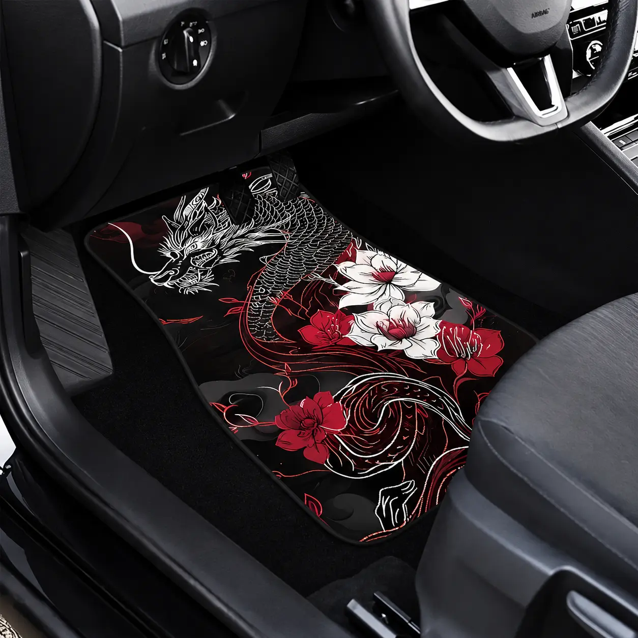 4-Piece Dragon Pattern Universal Car Floor Mats, Fits Sedans Suv Trucks, All-Weather Polyester Fiber Interior Accessories, Unisex Gift, Car Interior Kit