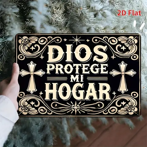 2D Flat, Vintage-Style 2D Flat Rectangular Iron Wall Art Sign - "DIOS PROTEGE MI HOGAR" Religious Spanish Decor, 8x12 Inch, Perfect for Living Room, Bedroom, Corridor, Porch, Garage, or Garden, Garden Wall Art |   Vintage Wall Decor |   Iron Wall Art, Wal