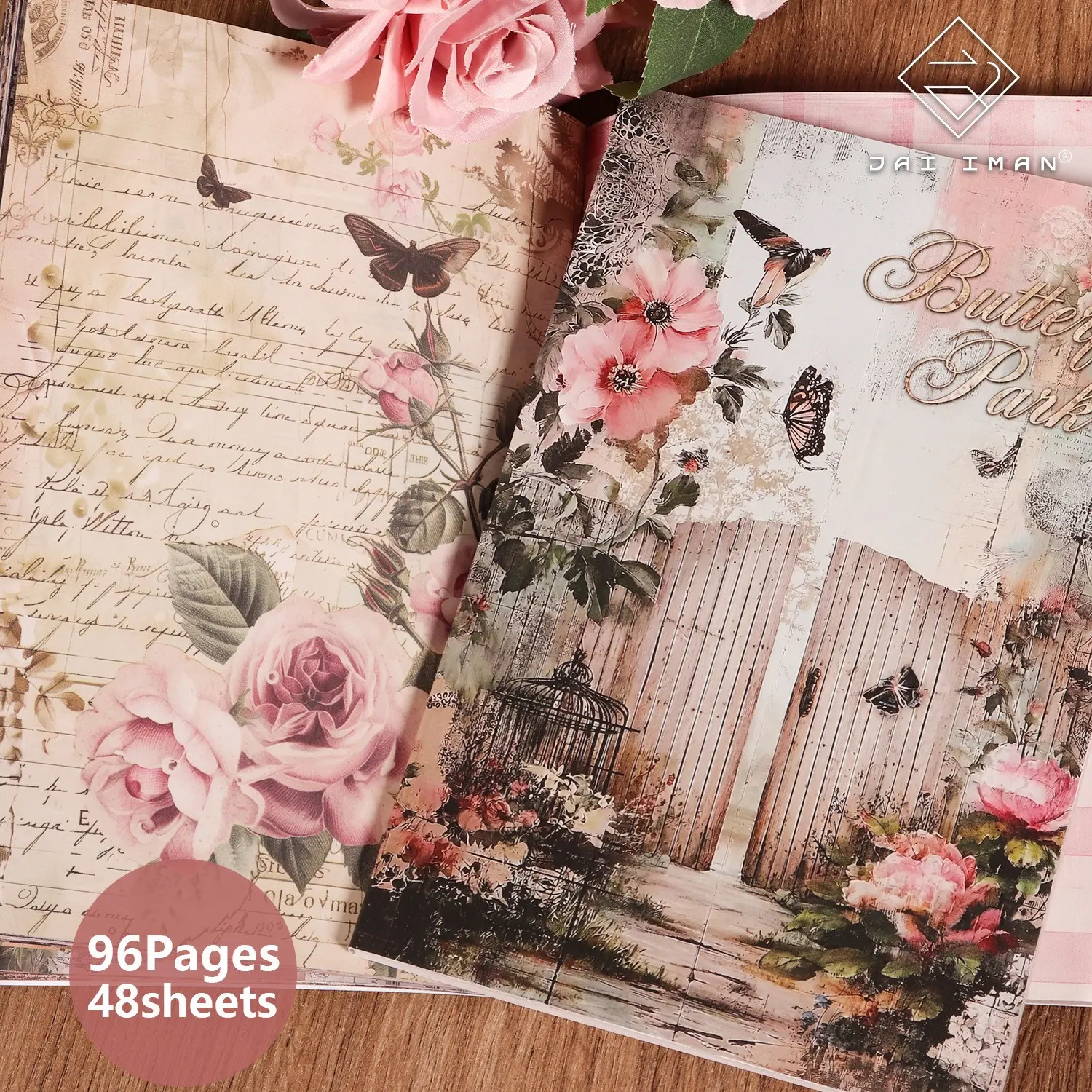 JAIIMAN A5 96pages(non-repeating patterns) Vintage Butterfly Flowers Junk Journal Journaling Writable Notebook with Two Bookmarks, Perfect for Scrapbooking, Daily Office, Paper Craft, Travel Notebook, Stationery Supplies