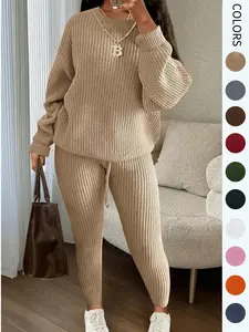 Women's Solid Drop Shoulder Sweater & Drawstring Waist Pants Knit Set, Casual Cozy Knitwear for Daily Outdoor Wear, Ladies Fall & Winter Outfits, Women's 2 Pcs Sweater Set