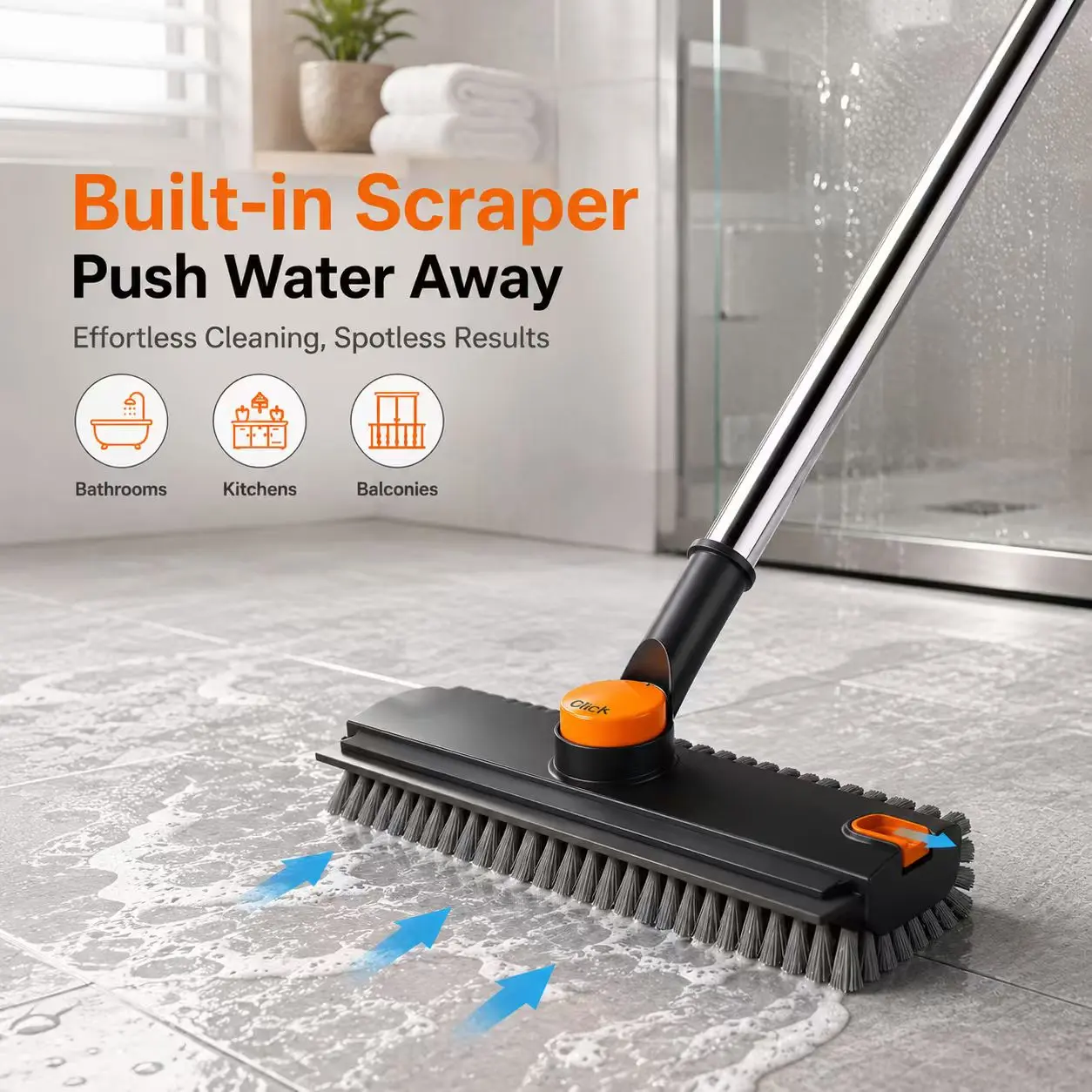 Triple-Use Stainless Steel Handle Broom - 52-in Detachable Pole Scraper with Non-Slip Ergonomic Stiff Bristles, Tweezers Tip, Adjustable Height, Indoor/Outdoor Multi-Surface Deep Cleaner for Bathroom, Garage, Box (Age 12+), 52 Inches