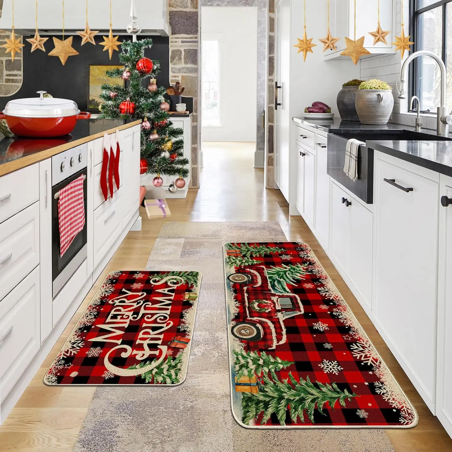 Christmas Kitchen Mats for Floor - Farmhouse Truck Red Buffalo Plaid Christmas Kitchen Decor - Xmas Kitchen Rugs Set of 2 Decorations for Bathroom,Home,Indoor 17"x27"+17"x47"