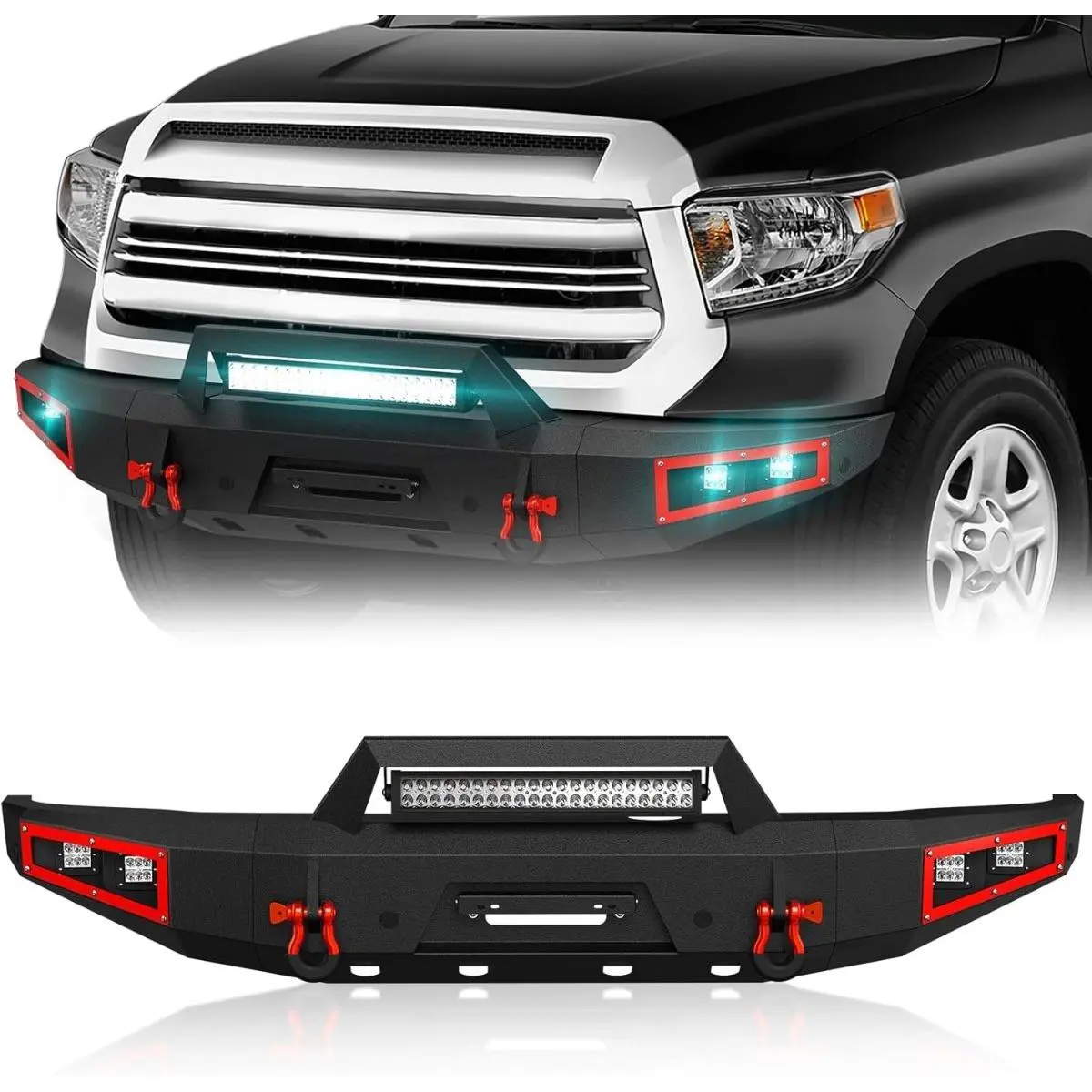 YZONA Front Bumper for 2014-2021 Toyota Tundra Trucks - Durable High-Strength Steel Automotive Vehicle Accessories, Car Exterior Part with 12,000 lbs Winch Plate, 120W LED Lights, License Plate Bracket, Complete Components