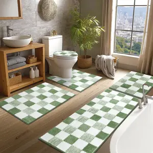 Yamaziot Checkered Bathroom Rug Sets 5 Piece, Non-Slip Ultra Absorbent Microfiber Bath Mats, Machine Washable Plush Shag Ultra Soft Bath Rug for Bathroom, Shower