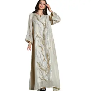 Women's Sequined Abaya with Applique Embroidery and Long Sleeves, Islamic Dress