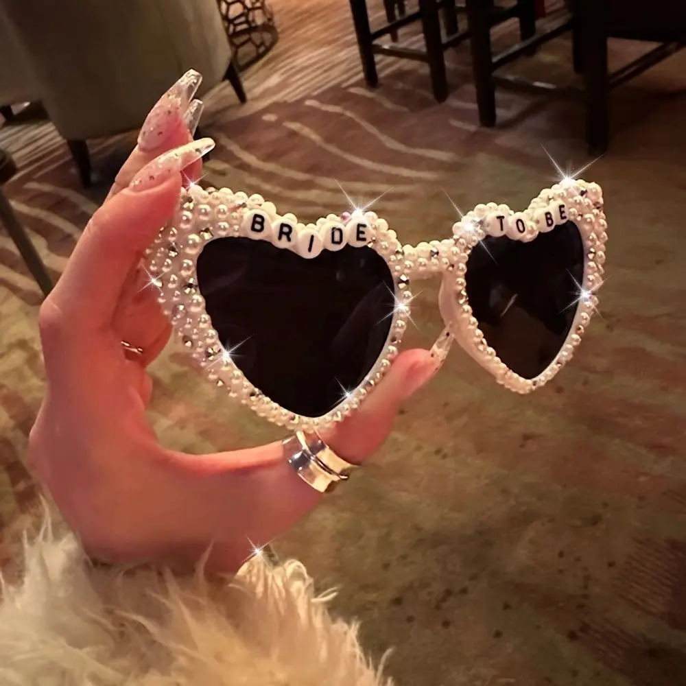 Women's Bride to Be Sunglasses, Heart-Shaped Full Rim Glasses with Pearl and Rhinestone Accents for Bachelorette Party Gift, Bachelor Party, Engagement, Wedding, Bridesmaid Gift, Female, Shiny Pearl, Mom