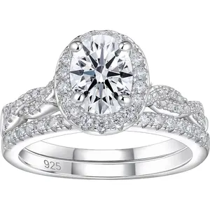 S925 Silver Oval Moissanite Bridal Ring Set, Halo Solitaire with Twisted Band, Elegant Engagement & Wedding Bands queen ring