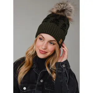 Skull Pattern Pom Hat - Olive