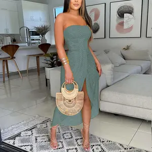 ChicMe Women Strapless Ruched High Waist Wrap Split Asymmetrical Beach Maxi Wedding Guest Long Dress Summer Casual