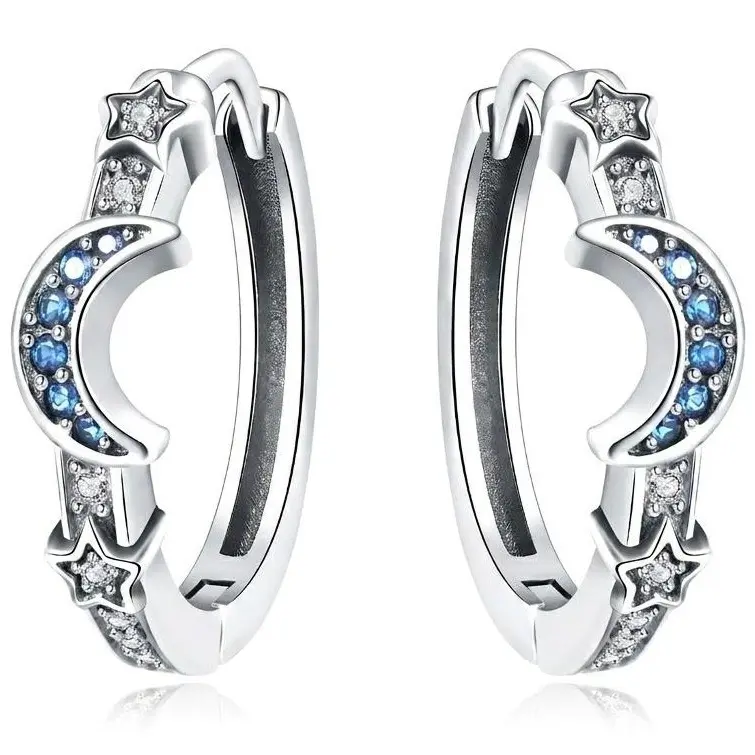 Silver Plated White Copper Star & Moon Dainty Huggie Earrings - Hypoallergenic, Blue & White Cubic Zirconia, Moon Shaped, Silver Multicolor, Delicate Celestial Jewelry Gift for Her, Moon Shaped Earrings, Silver Multicolor Earrings