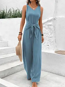 Women's Solid Knot Shoulder Tie Front Tank Jumpsuit, Casual Basic Sleeveless V Neck Jumpsuit for Summer, Summer Outfits, Ladies Clothes for Daily Wear