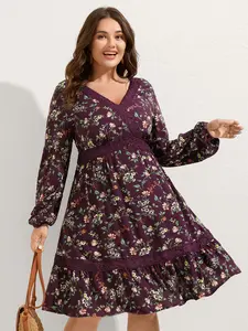 【Summer Turn-Up】Bloomchic Plum Floral Print Lace Trim Knee-Length Dress Lantern Sleeves V-Neck Boho Casual Summer Sundress Teacher Outfits Pocket Chiffon Breathable Love Ribbon Woven Bohemian Smooth 2026 Summer Pick for Mother's Day