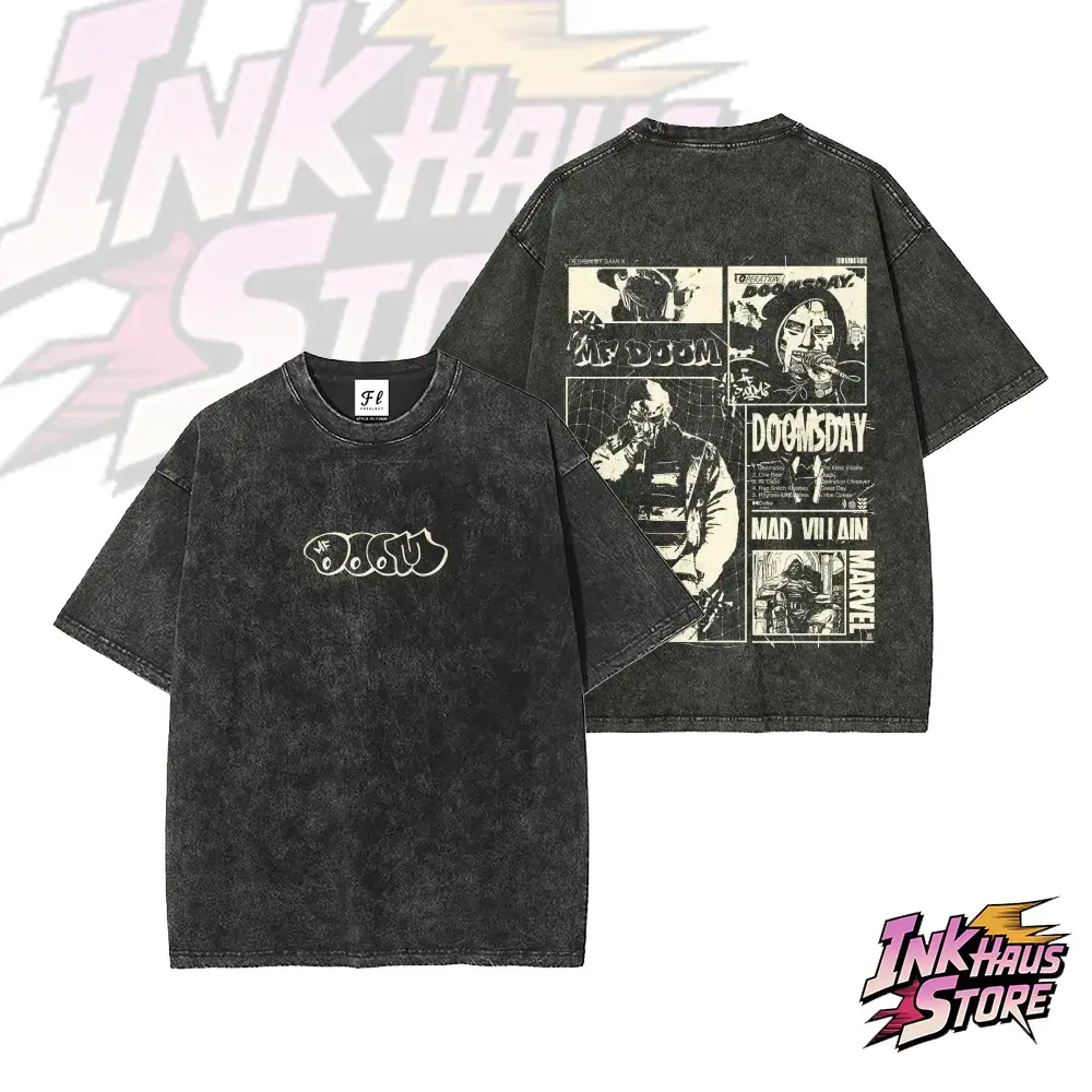Men's Oversize Loose Short Sleeve Cotton Apparel, Retro Wash Top with "DOOM" Graffiti-Style Logo Featuring Signature Works *Operation: Doomsday* and *Madvillainy*, Unisex Tee, Shortsleeve