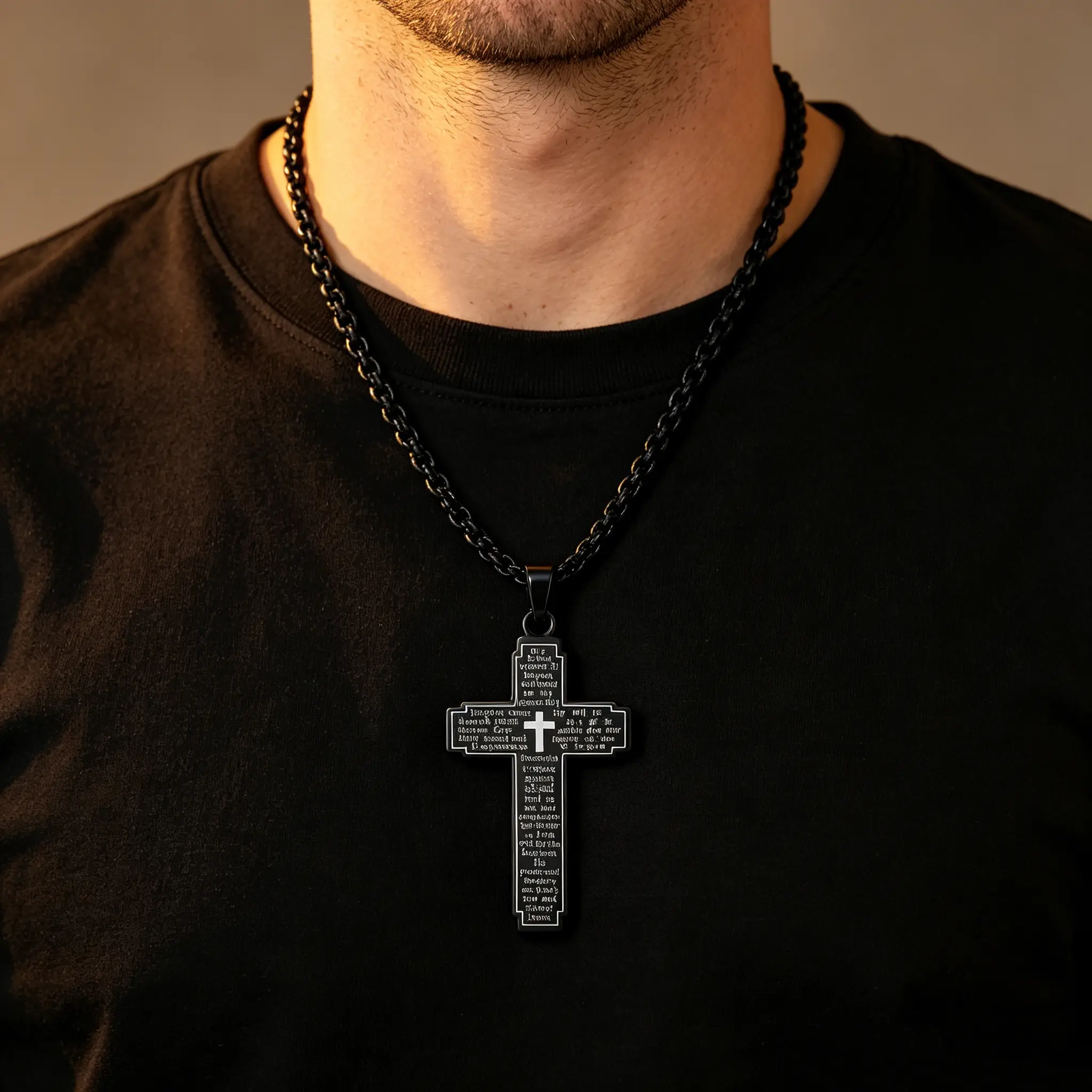 Men's Bold Cross Necklace, Stainless Steel Cuban Link with Matte Black Our Father Prayer Pendant, Hypoallergenic, 23.62in Adjustable Long, Father's Day Gift, Daily Wear, Men's Jewelry, Bold Statement, Ideal Easter/Father's Day Gift