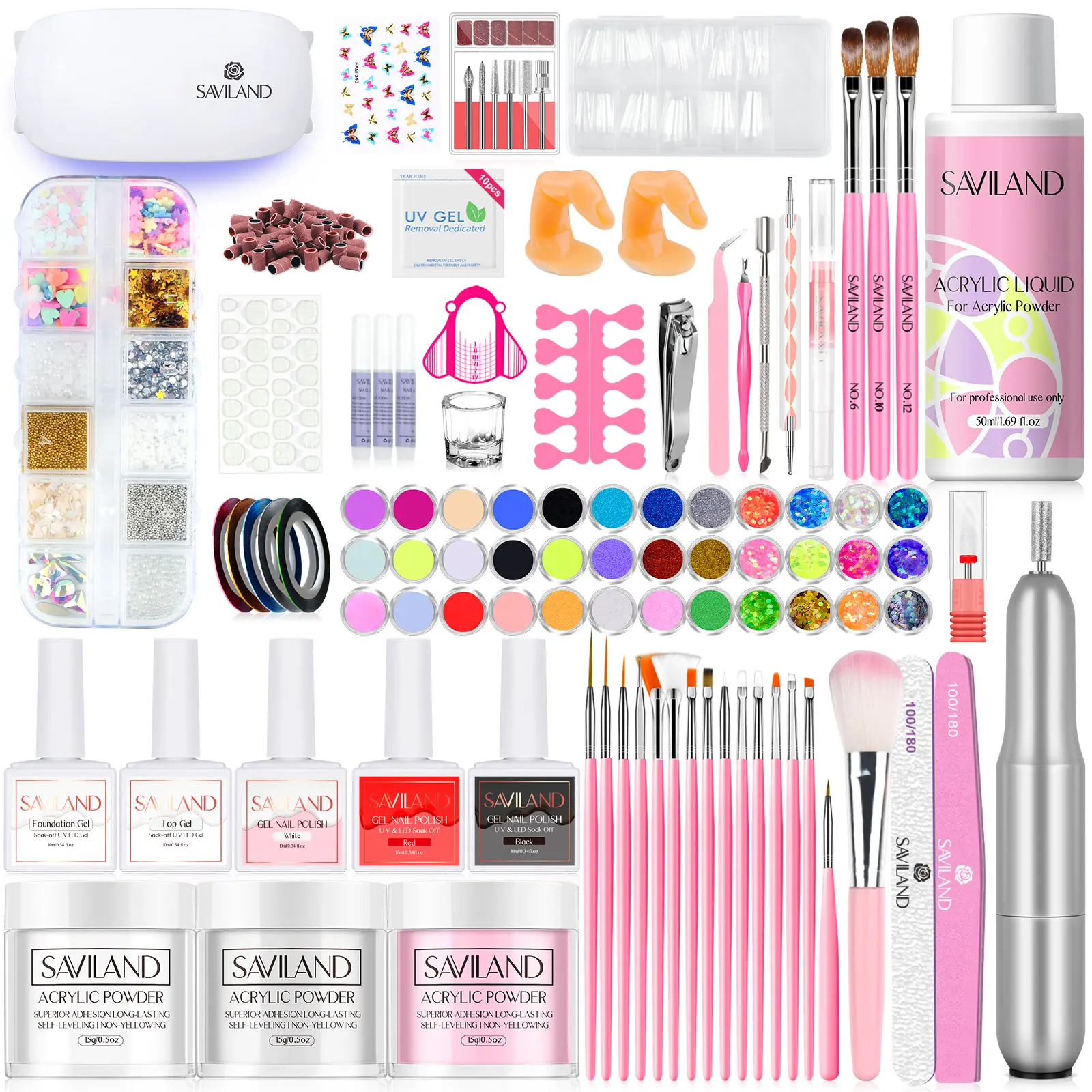 SAVILAND Acrylic Nail Kit: Set for Beginners Drill Gel Polish UV Light & Decorations Perfect for Salon Use All-in-One Gift Box for Nail Enthusiasts