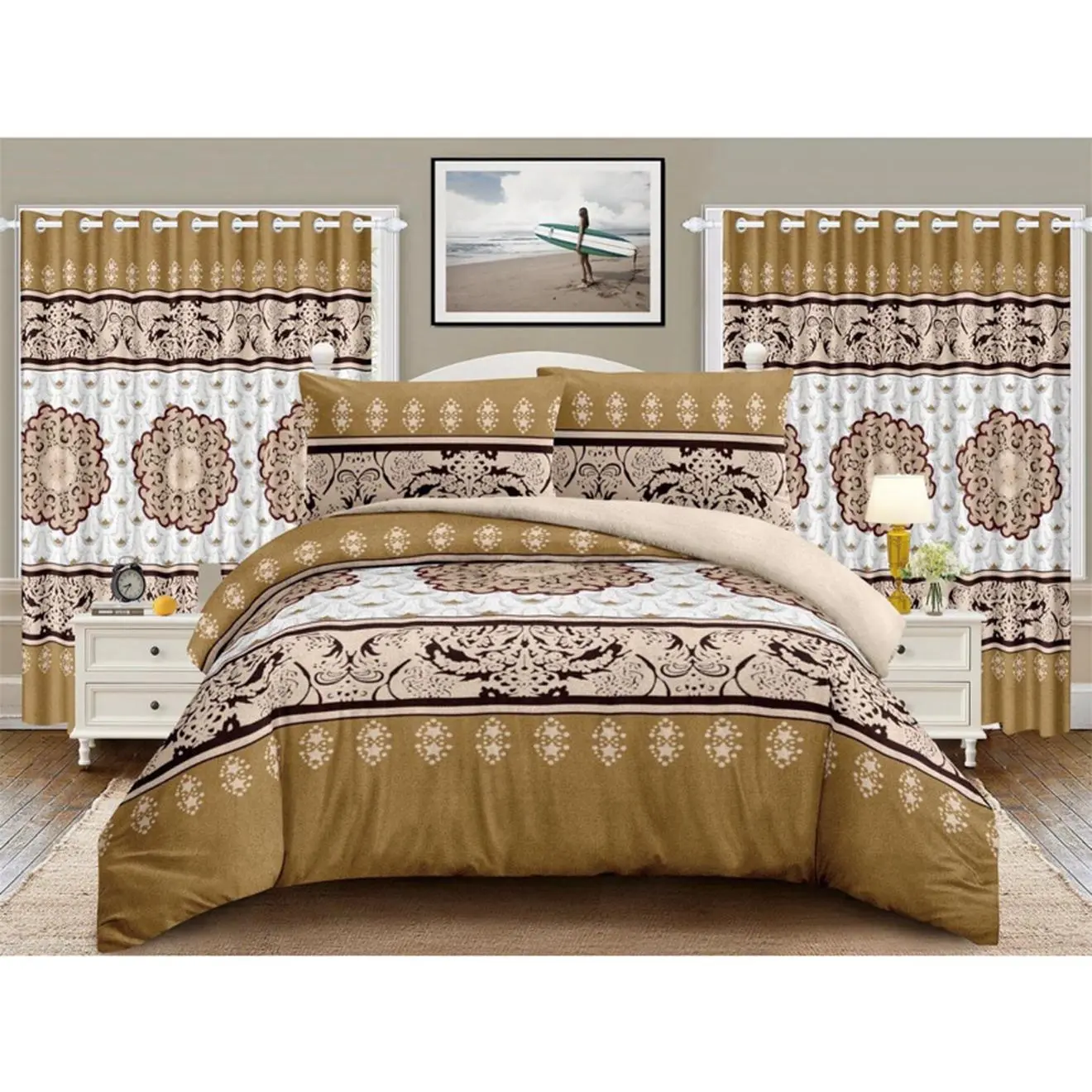Elegant Gold and White Damask Bedding Set with Matching Curtains for a Luxurious Bedroom Decor