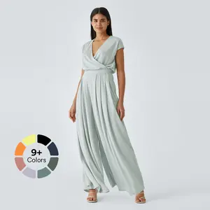 Halara V Neck Short Sleeve Plicated Side Pocket Wide Leg Flowy Waffle Casual Jumpsuit#TikTokShopBacktoSchool