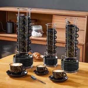 MALACASA 3/5/9 OZ Porcelain Espresso Cups (includes saucers and metal cup holder) 6-Piece Set, Stackable Cappuccino Cups, Coffee Cups, and Tea Cups, Marble-Patterned Espresso Cup Set, Perfect for Espresso, Lattes, and Tea