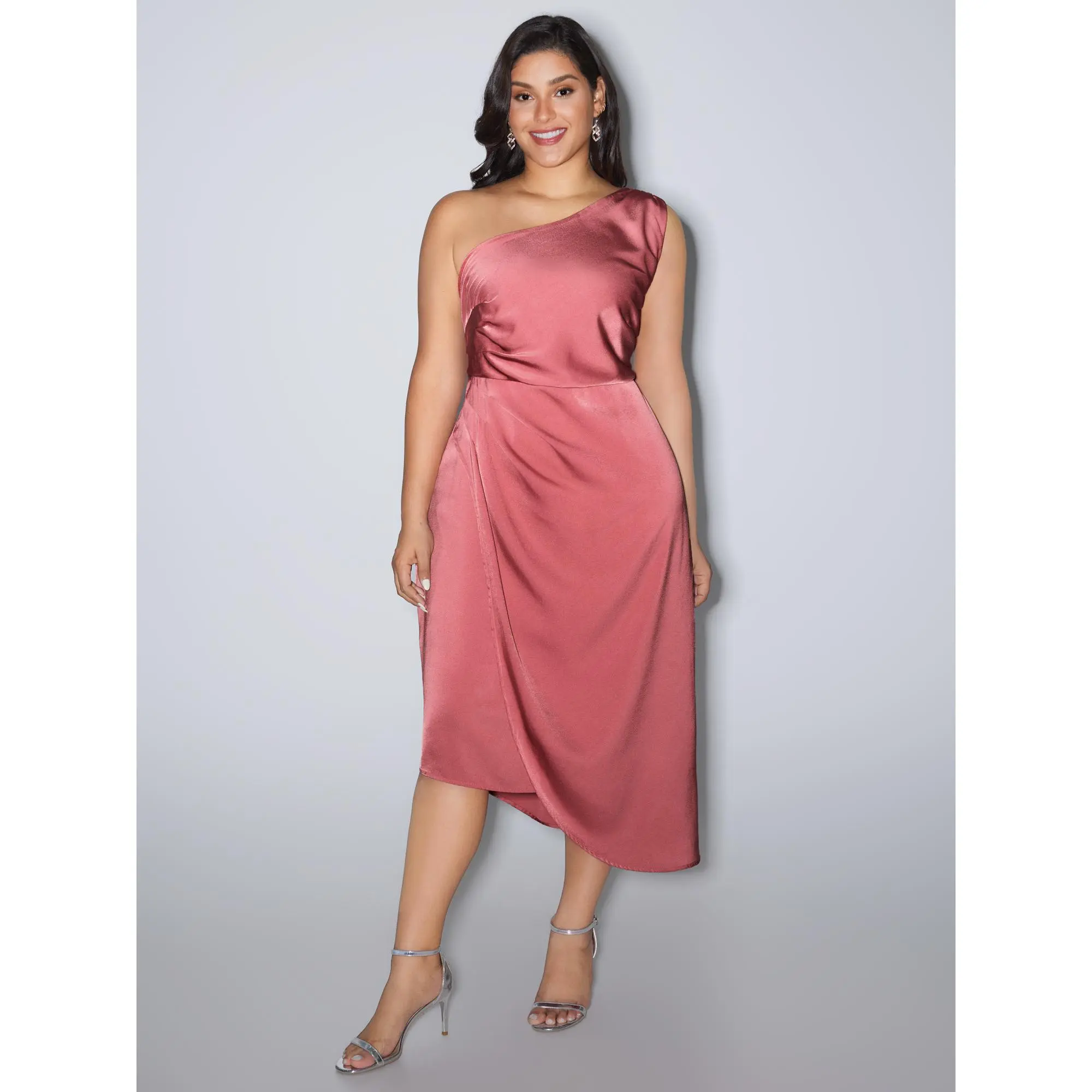 BLOOMCHIC Plus Size One-Shoulder Draped Asymmetrical Hem Midi Dress [M-6X] Fit Formal,Summerfinds