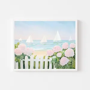 Pastel Seascape Wall Art Print | Sailboats and Pink Hydrangeas Painting | Nantucket Beach House Printable | Coastal Boats |Frameless Poster