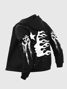 Unisex's Letter & Fire Print Zip Up Streetwear Hoodie, Casual Regular Fit Long Sleeve Drawstring Pocket Hooded Outerwear for Fall & Winter, Unisex's Clothes for Daily Wear, Hoodie Sweatshirt