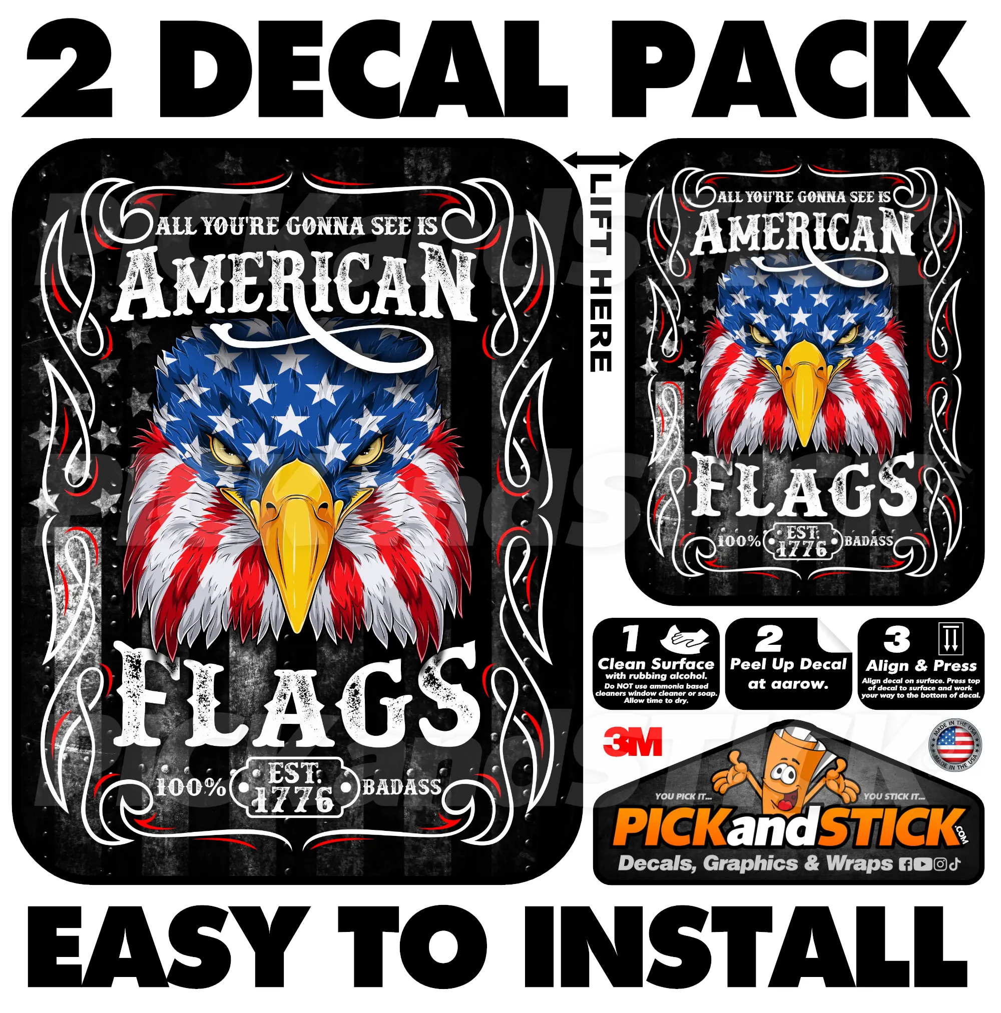 American Flags - Heavy Duty 3M Vinyl Decals - Easy Install - Stickers - 3M - Made In USA - Waterproof