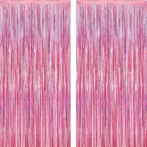 2 Pack Glitter Pink Backdrop, 3.28 FT x 7.05 FT Birthday Party Decorations, Laser Pink Fringe Curtains Foil Streamer Tinsel, Pink Curtains Photo Backdrop Happy Birthday Valentines Day Backdrop