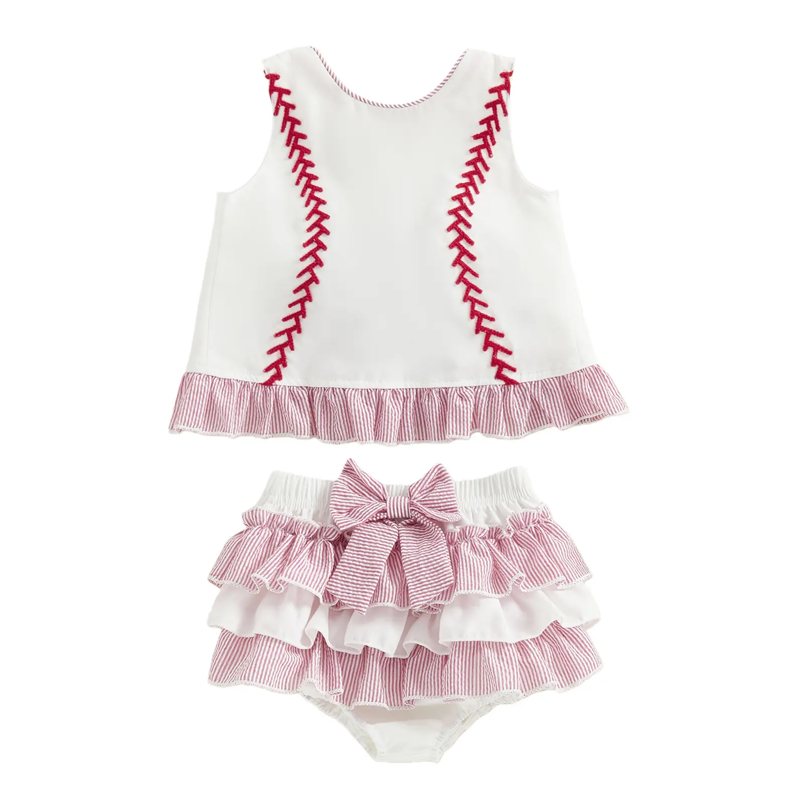 [Lullaby] Baby Girls Baseball Clothing Set Fashionable Cute Ruffle Embroidery Tank Tops with Shorts 2Pcs Outfit