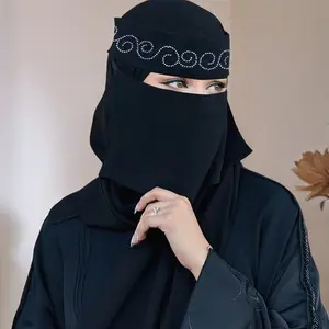 1PC Muslim Islamic Solid Black Single-Layer Niqab | Women's Rhinestone Face Veil | Standalone Wear Without Hijab
