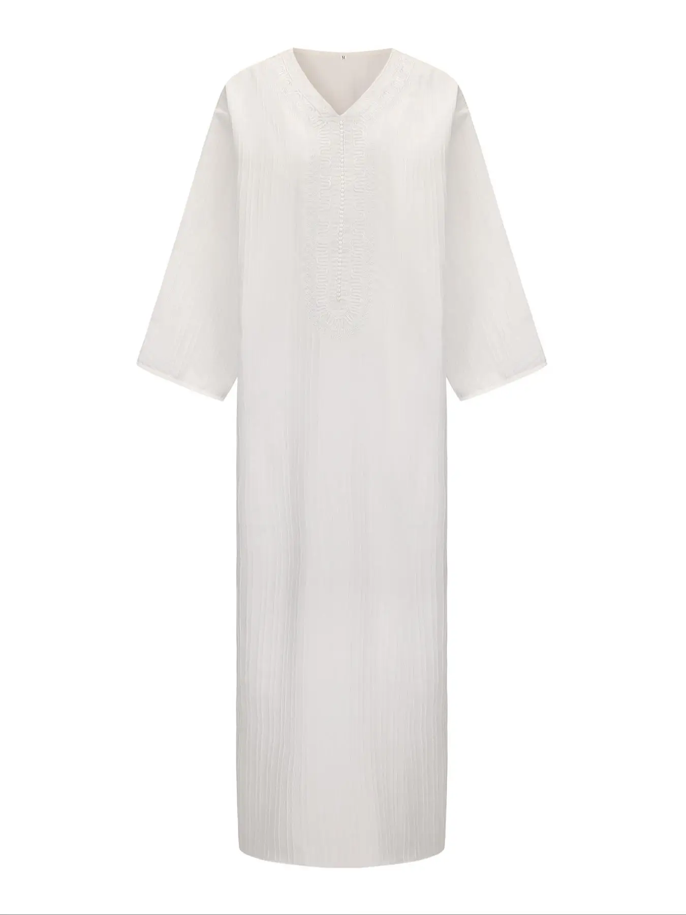 Men's Ethnic Pattern Embroidery V Neck Long Robe, Loose Casual Comfy Long Sleeve Dressing Gown for Daily Wear, Men's Islamic Clothing for All Seasons