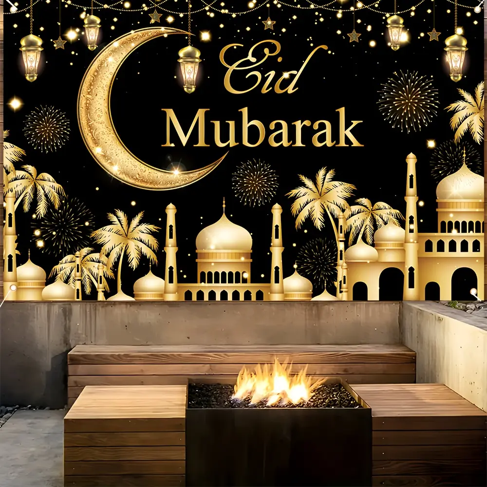 1PC Polyester Reusable 2D Flat Eid Mubarak Backdrop - Golden Moon, Mosque, Palm Tree, Firework, Lantern Design, Party Decoration Supplies, Ideal for Ramadan, Eid Al-Fitr, Happy Birthday Photography Banner