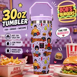 1 PC 30oz Insulated Tumbler With Handle And Lid, Double Wall Stainless Steel Travel Mug, Leak Proof, Keeps Drinks Hot 12H Cold 24H, Cute Cartoon Burger Family Print Cup, Large Capacity Thermal Mug For Iced Coffee, Water, Road Trips, Gifts For Women Men