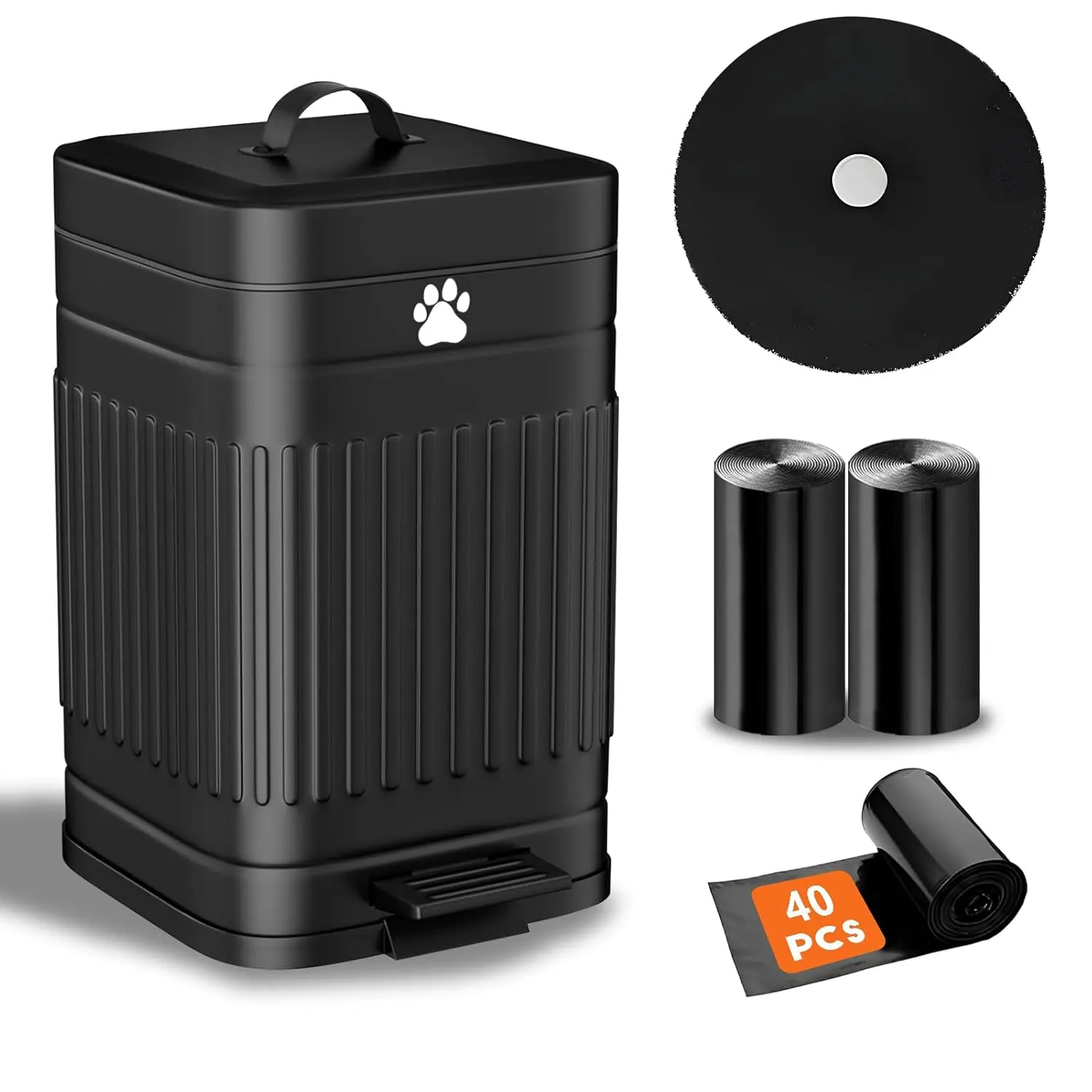 Poop Trash Can Outside, 5L/1.3Gal Metal   Trash Can with Lid, Foot Pedal,   Container with 40  Bags,  Poop Bucket with Lid Soft Close for Pet, Black