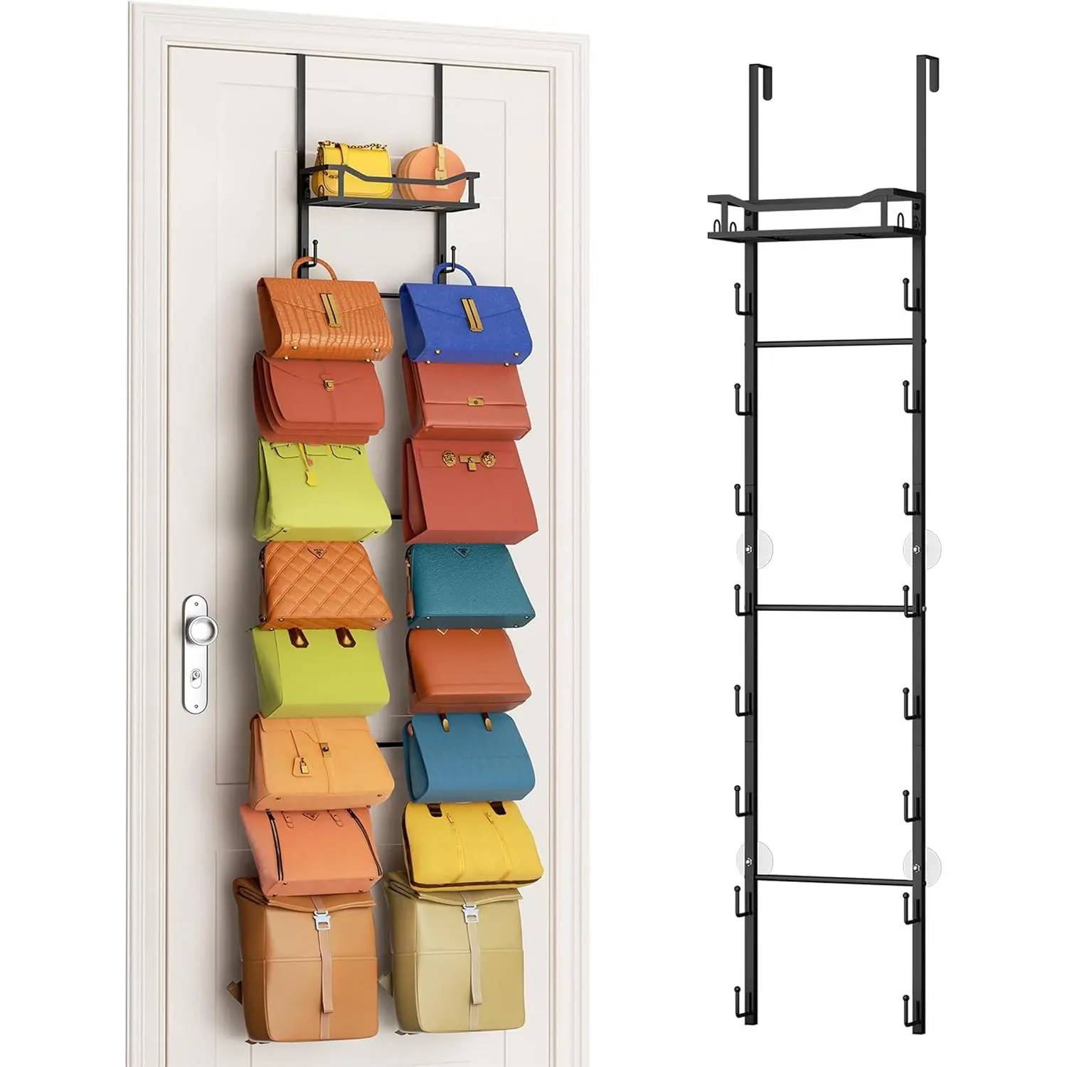 Over The Door Purse Organizer - Wall Mounted Purse Rack with 16 Hooks and Metal Basket, Handbag Hanger Organizer Holds up to 16 Bags, Bag Rack Can Use As 1/2 Part, for Door, Closet