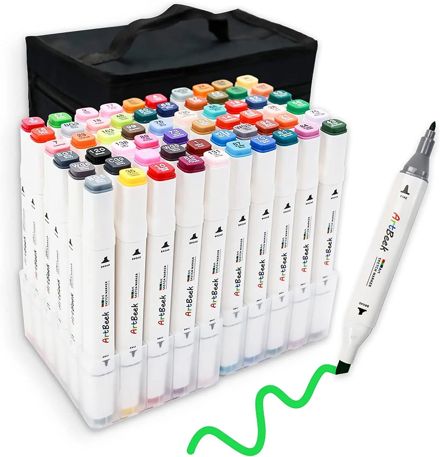 ArtBeek 60 Colors Alcohol Markers for Adult Coloring - Chisel & Fine Tip, Vibrant & Pigmented, Fast Drying, Non-Toxic, with Color-Coded Caps & Black Carrying Case