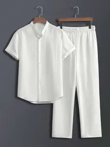 Men's Solid Color Plain Striped Trim Button Front Shirt & Pants Two-piece Set, Regular Fit Casual Comfy Short Sleeve Collared Top & Trousers for Daily Wear, Men's Two-piece for All Seasons Menswear