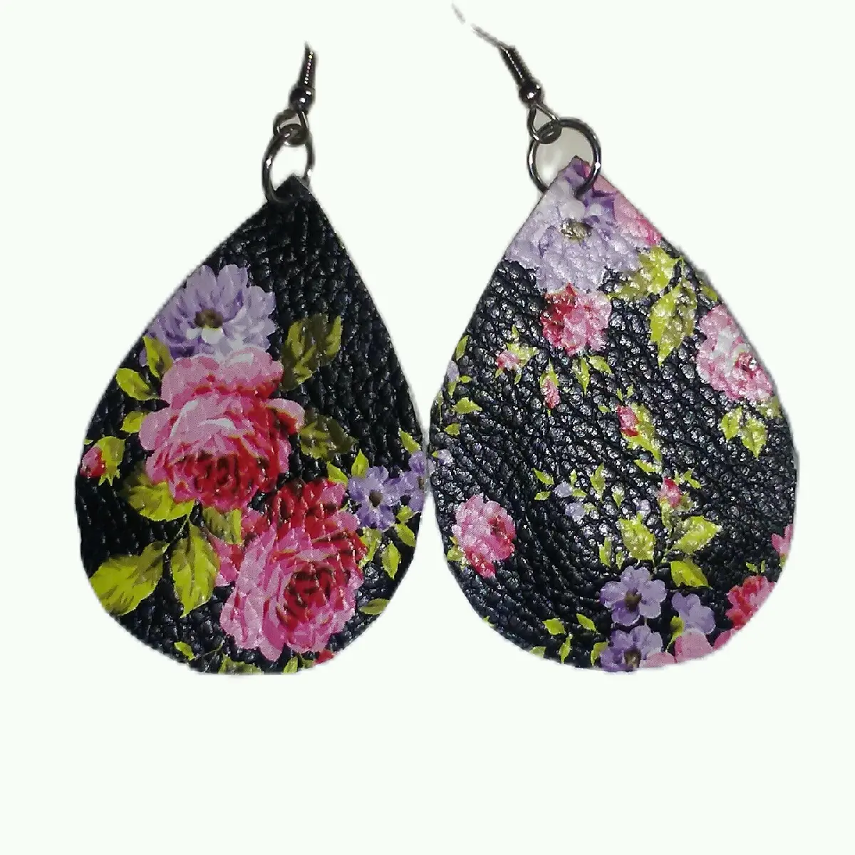 Gorgeous black with pink roses faux leather earrings