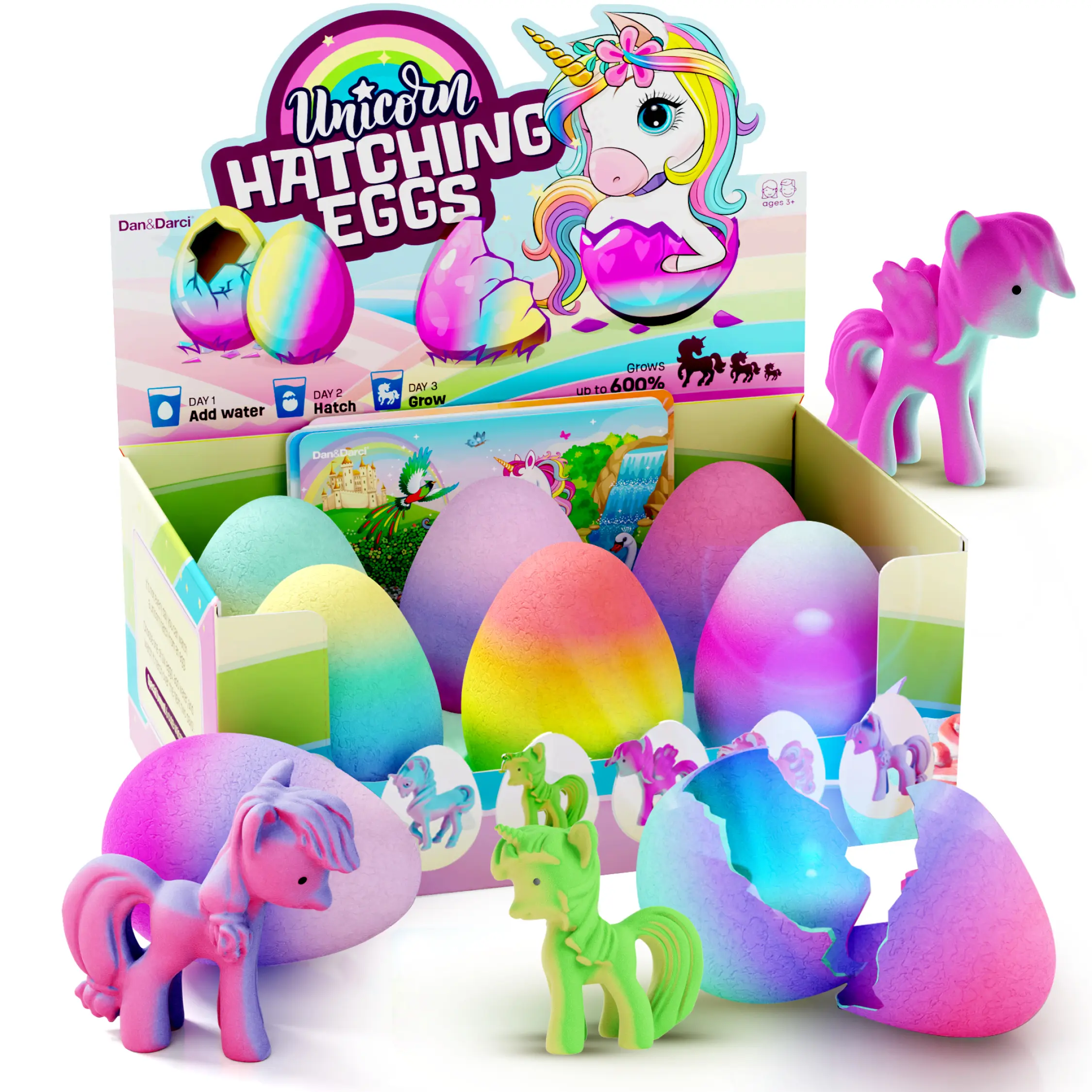 Dan&Darci Unicorn Hatching Surprise Capsules Set - Grow Colorful Unicorns up to 600% in Water, Includes 6 Cards, Acrylics, 7x5x3 in Soft Animal Toy