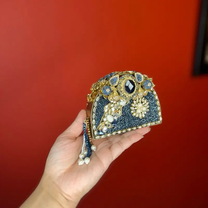 Sapphire Turkish Clutch - Elegant Blue and Gold Design with Pearls and Rhinestones  for Special Occasions